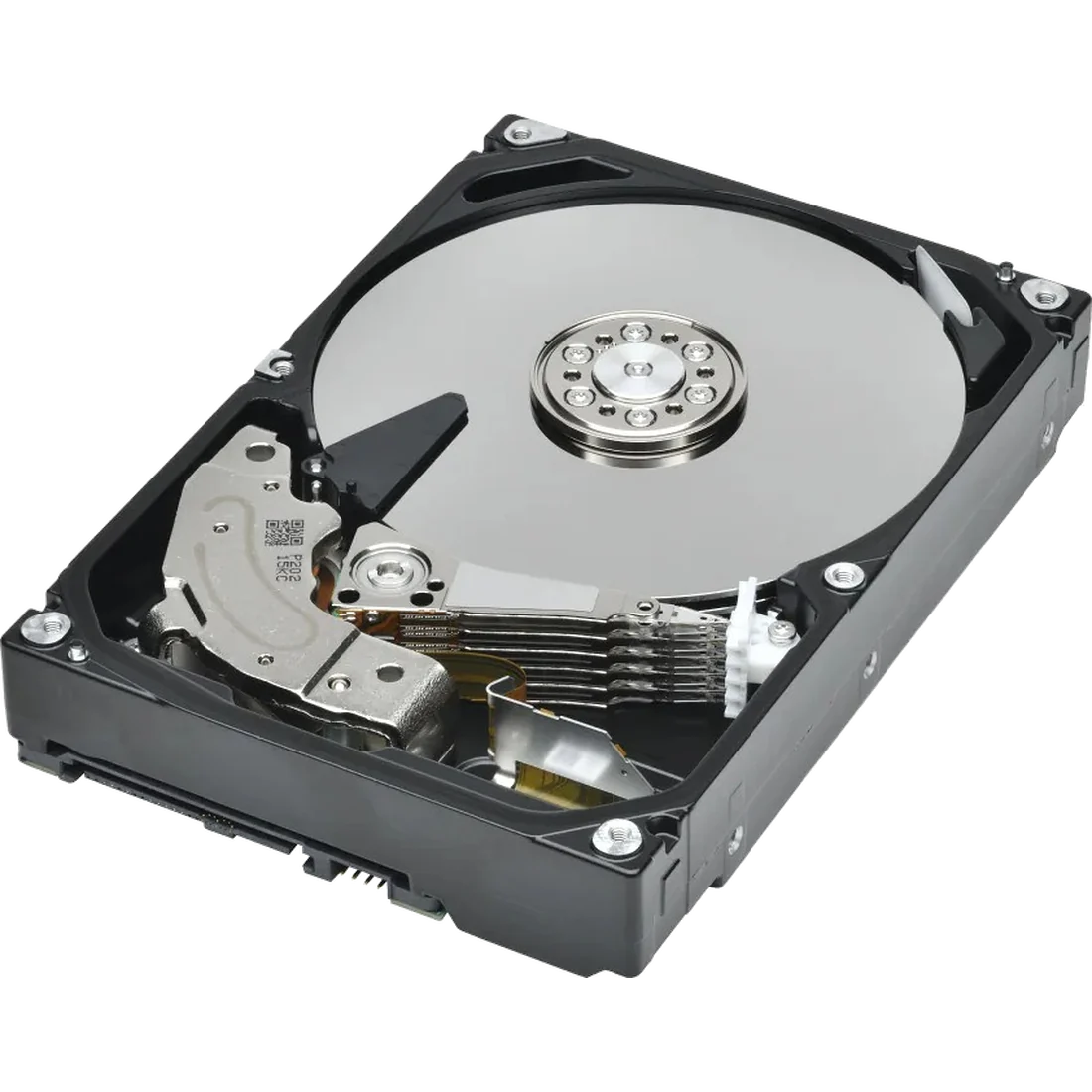 Hard drive platter and actuator arm showing the mechanism behind CMR and SMR recording in Toshiba S300 surveillance drives