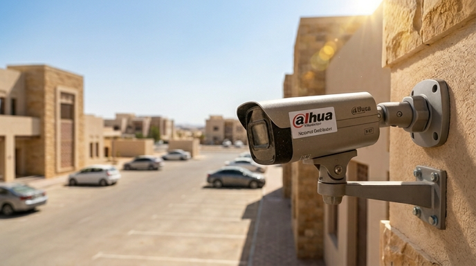 Dahua bullet CCTV camera installed outdoor on the exterior of a commercial building in Oman — IP67 rated for sun and dust