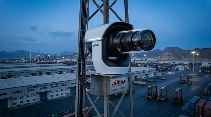 Dahua PTZ CCTV camera mounted on a high pole — pan-tilt-zoom surveillance for large outdoor perimeters in Oman