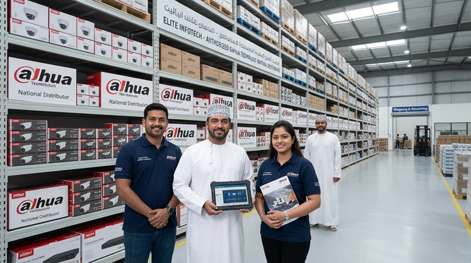 Elite Infotech warehouse and team in Oman — authorized Dahua national distributor with full local stock and B2B fulfilment