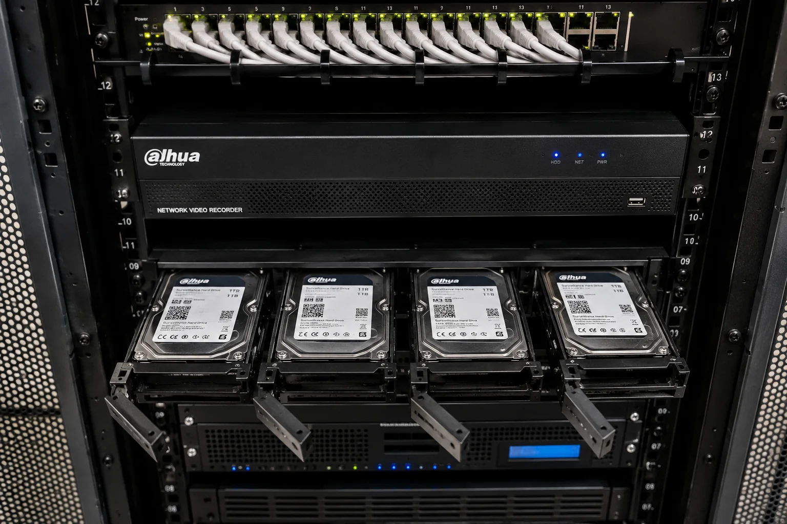 Dahua NVR hard disk bay populated with dedicated surveillance drives at an Oman commercial installation