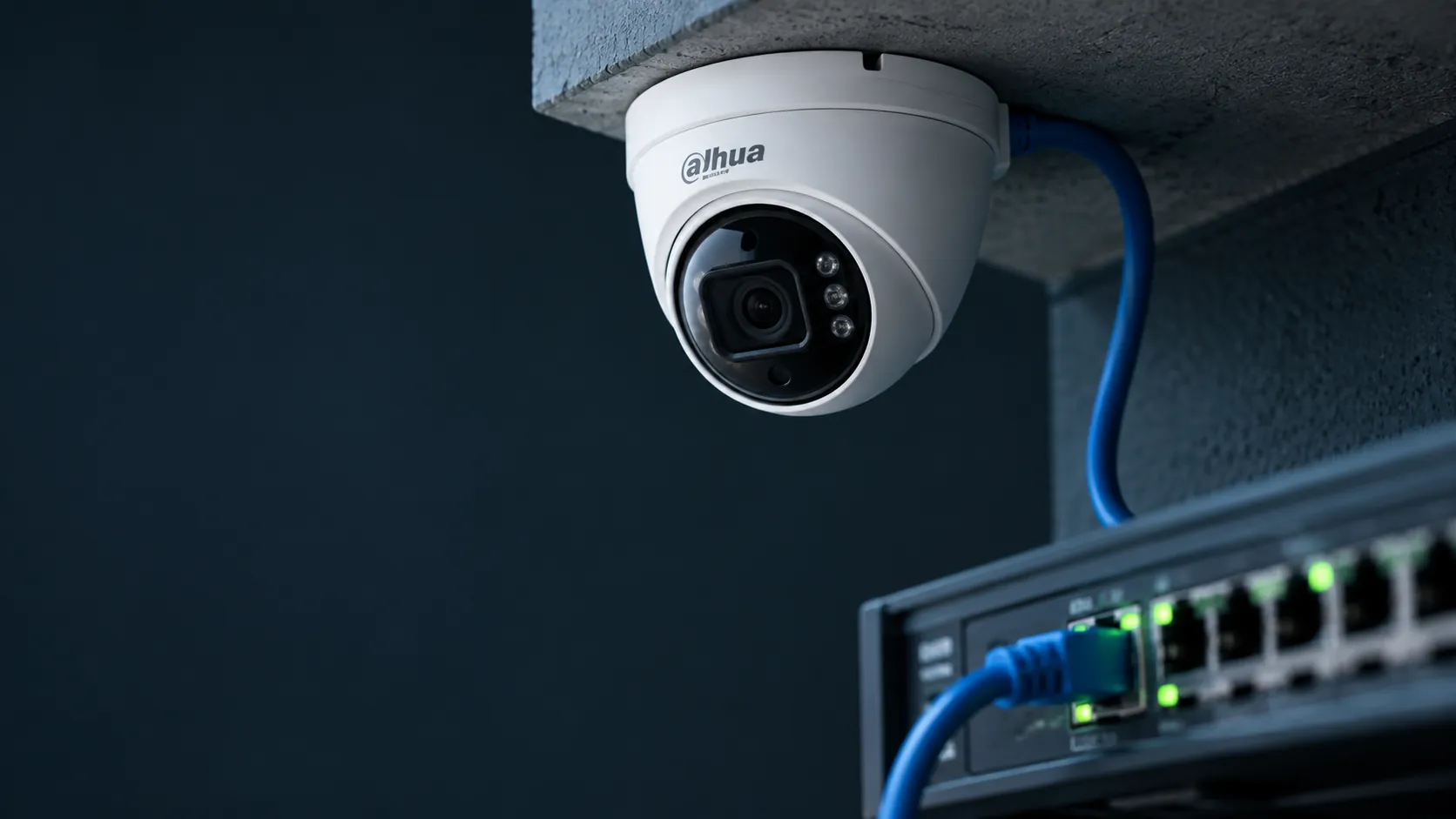 Dahua dome IP camera mounted under a ceiling with a blue network cable running to a PoE switch