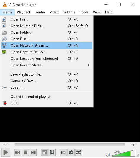 VLC media player Media menu with Open Network Stream highlighted