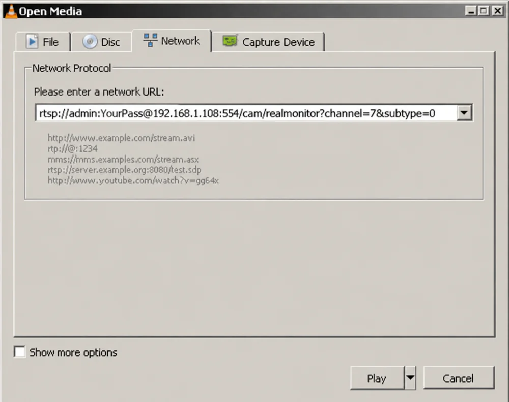 VLC Open Media dialog with a Dahua NVR RTSP URL for channel 7 main stream entered in the network URL field