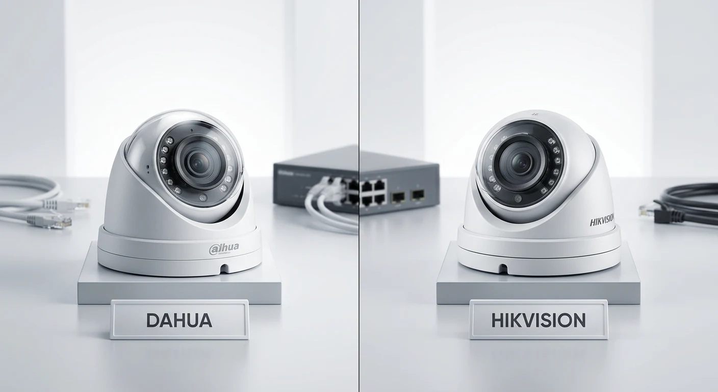 Dahua dome and Hikvision dome CCTV cameras side by side on a studio surface &mdash; Elite Infotech Oman product comparison