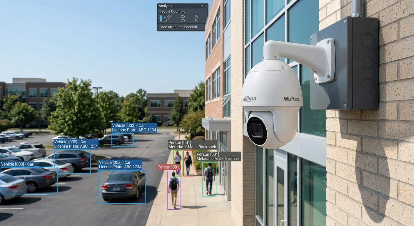 Dahua WizMind AI PTZ camera mounted on a building exterior with on-screen people counting, vehicle and license-plate analytics overlays
