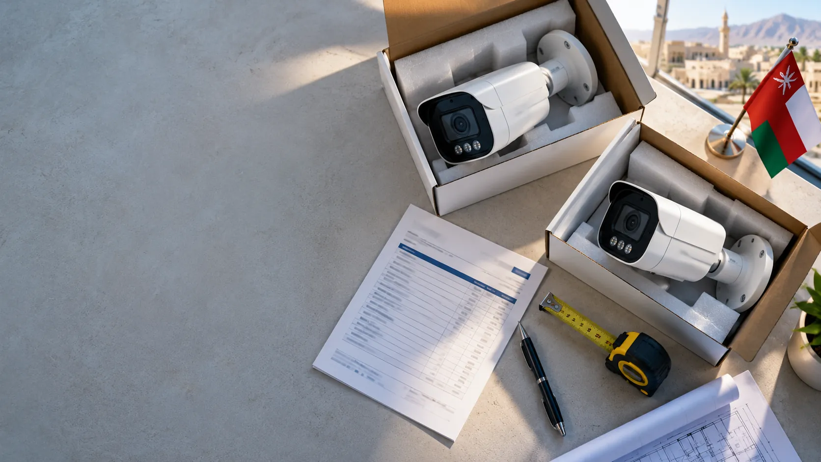 Two boxed bullet CCTV cameras on a desk with a quotation, tape measure and Omani flag, comparing Dahua and Hikvision for a project in Oman