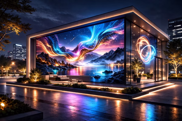 Transparent LED display on a retail glass storefront in Muscat