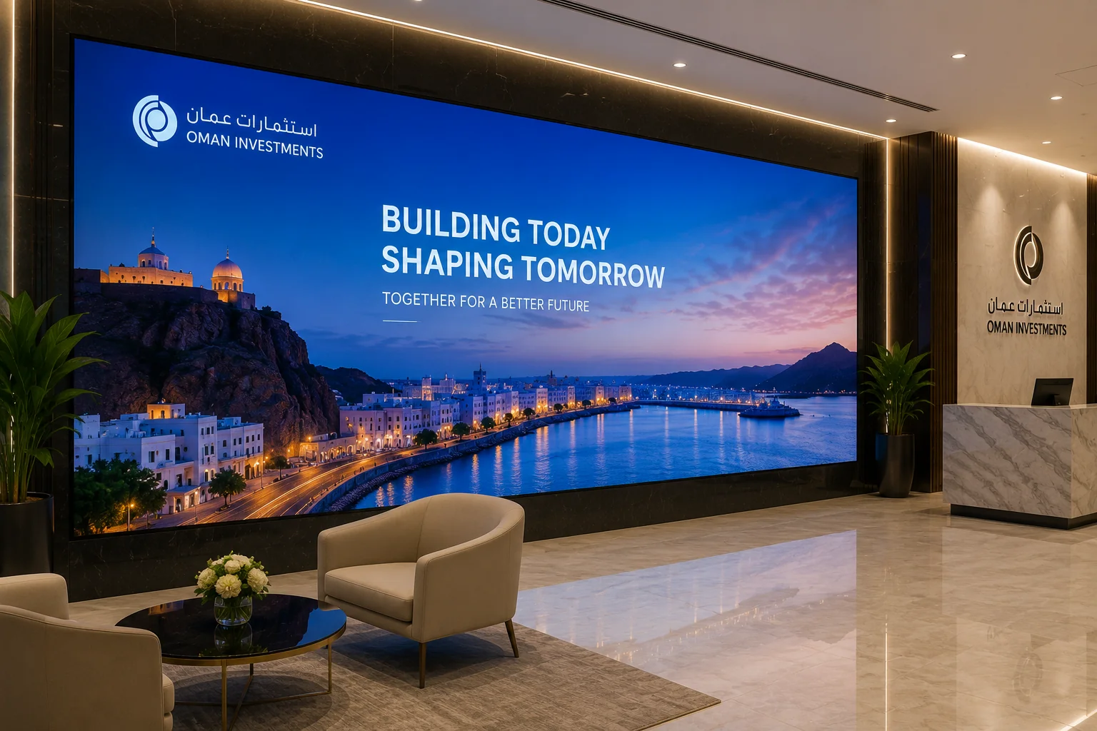 Side-by-side comparison of an indoor LED display and an LCD video wall in an Oman showroom