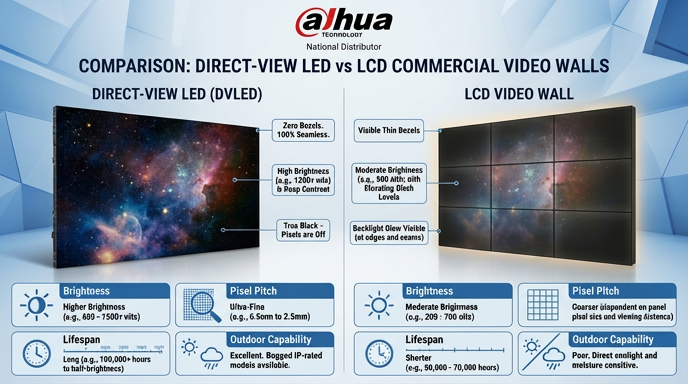 LED vs LCD commercial display comparison infographic — brightness, lifespan, viewing distance and use cases side by side