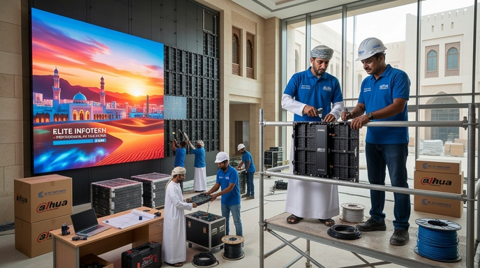 Elite Infotech installation team mounting a large LED video wall inside a corporate building in Oman