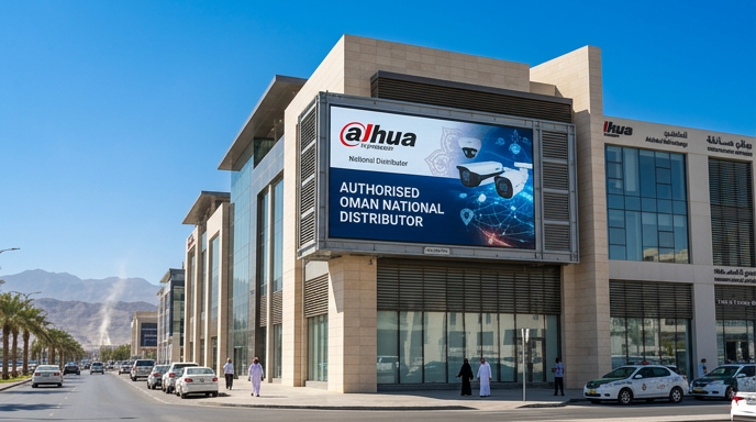 Large high-brightness outdoor LED billboard installed on a modern commercial building in Oman — rated for direct sun and 50°C ambient