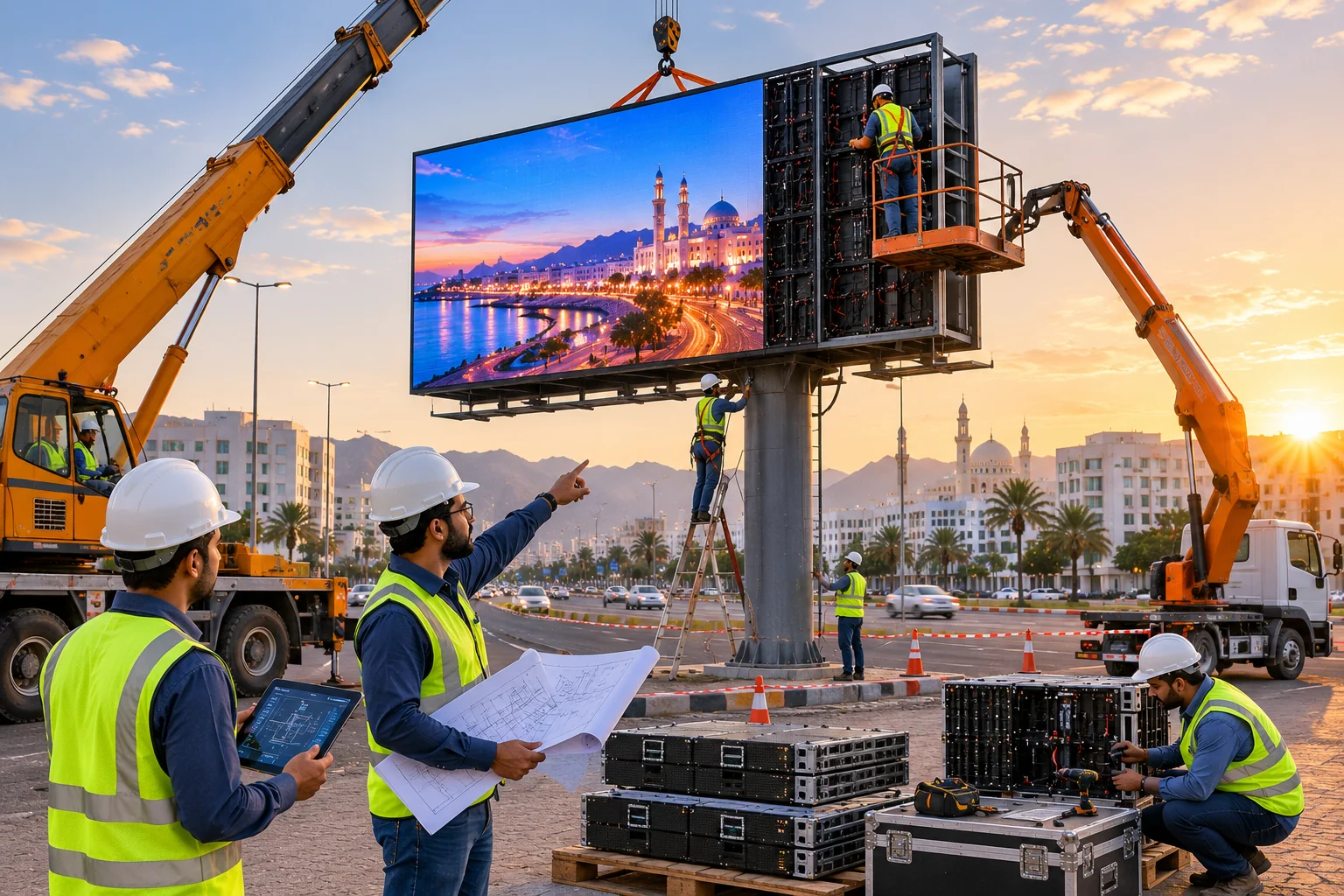 Outdoor LED roadside advertising screen on an Oman highway at dusk — high-brightness digital billboard by Elite Infotech