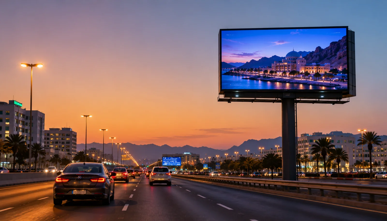 Roadside LED billboard displaying a promotional campaign in Muscat, Oman — outdoor digital advertising screen