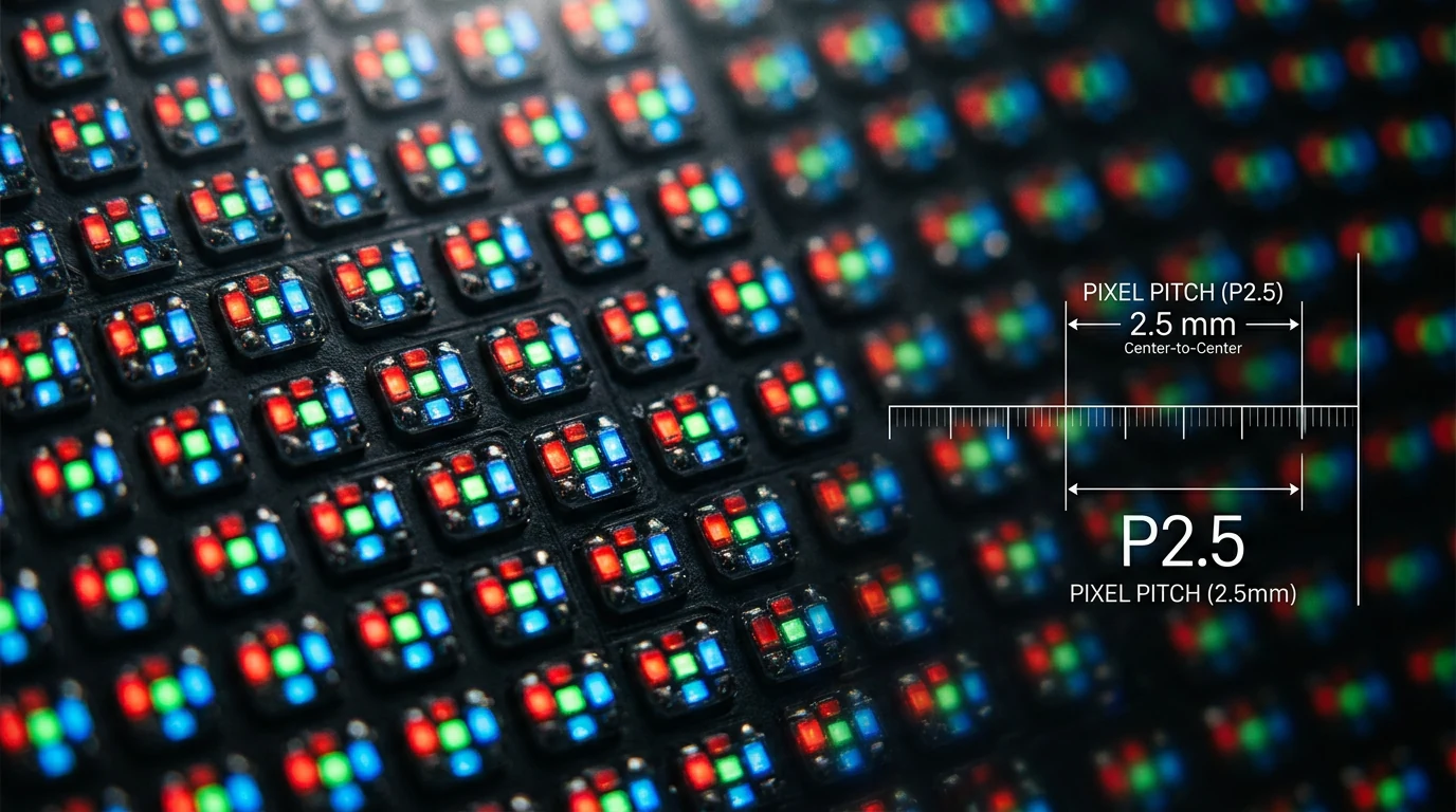 Macro of a P2.5 LED panel showing red, green, blue pixel clusters with 2.5mm centre-to-centre ruler — pixel pitch explained by Elite Infotech Oman