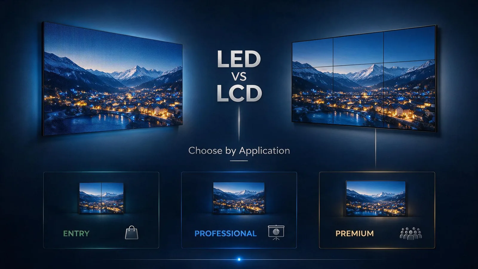 LED versus LCD video wall comparison — a seamless LED panel alongside a bezelled LCD grid, with entry, professional and premium tiers