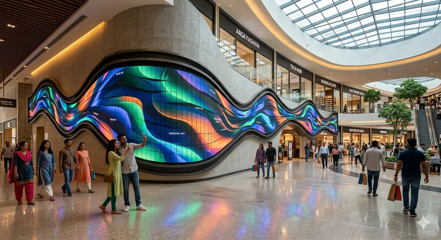 Custom-shaped flexible LED display for retail branding in Oman &mdash; bendable flexible LED panel installation