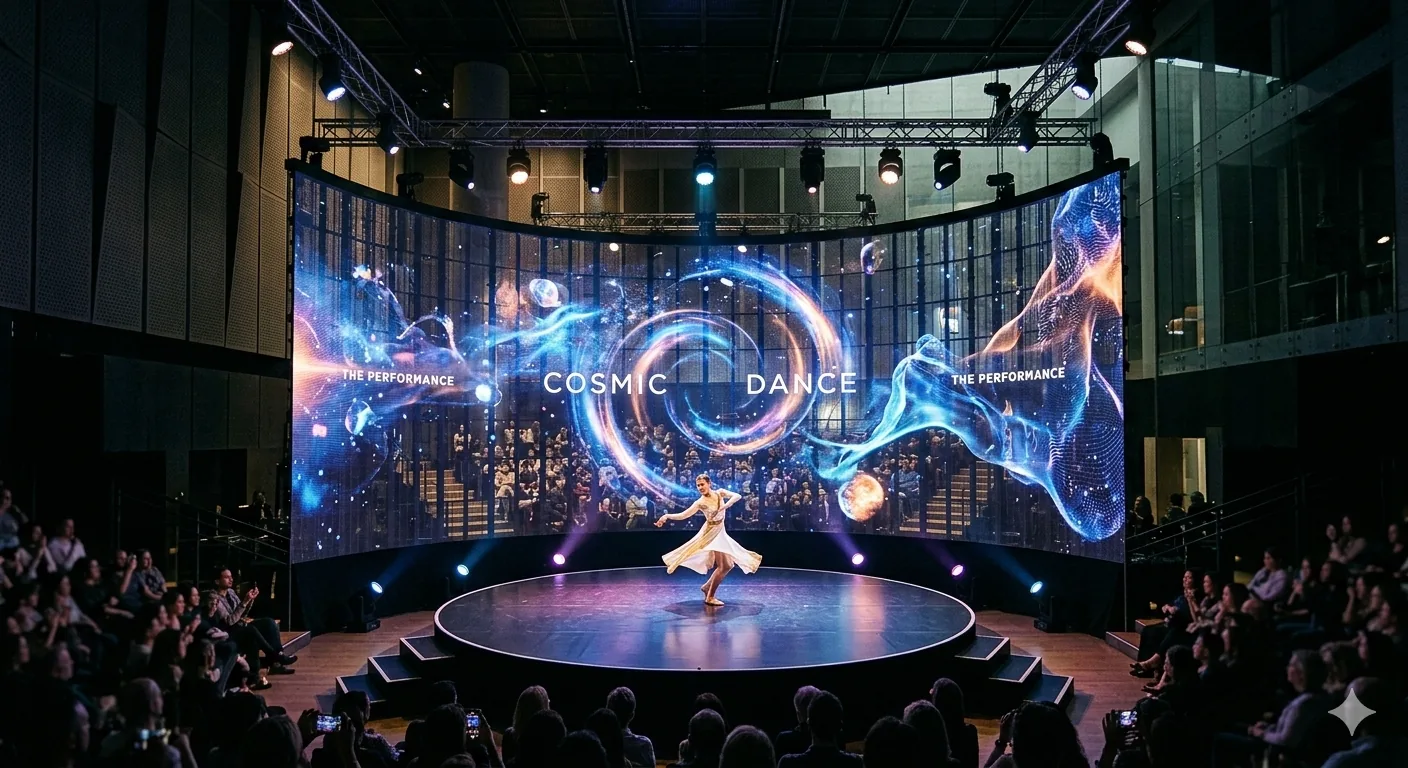 Curved flexible LED display wrapping a structural column in a Muscat mall retail space &mdash; 360-degree flexible LED screen installation by Elite Infotech