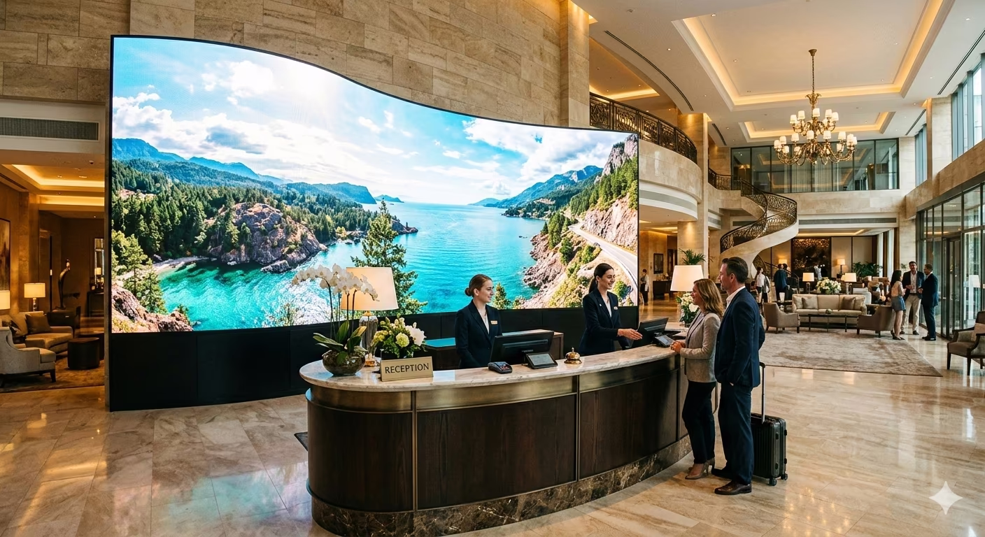Indoor LED display in a corporate boardroom in Oman — fine-pitch indoor LED display screen installed by Elite Infotech Muscat
