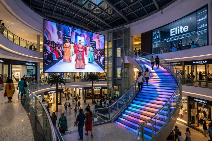 Transparent LED display screen in a Muscat shopping mall, Oman — see-through transparent LED signage on glass partition
